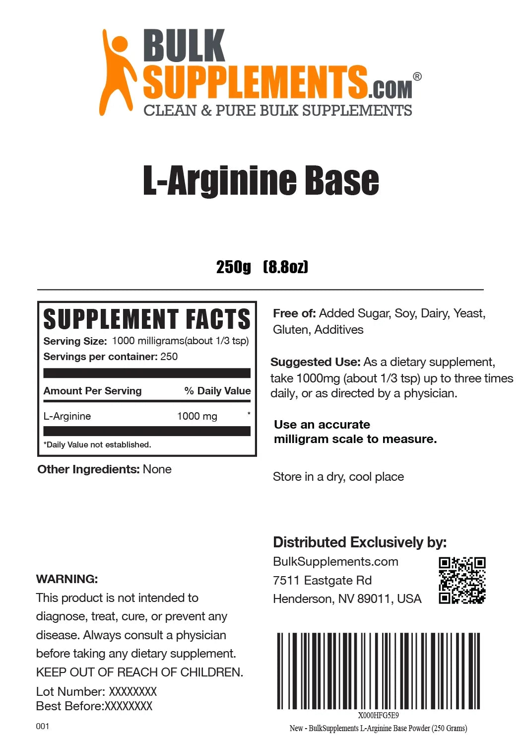 Bulksupplements L-Arginine Powder - Arginine Supplement - Unflavored, 1G per Serving, 1Kg (2.2 Lbs)