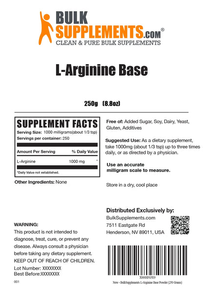 Bulksupplements L-Arginine Powder - Arginine Supplement - Unflavored, 1G per Serving, 1Kg (2.2 Lbs)